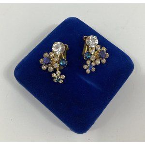 Vintage Purple & Blue Glass Flower Women's Clip On Earrings- 1 inch- Gold Tone